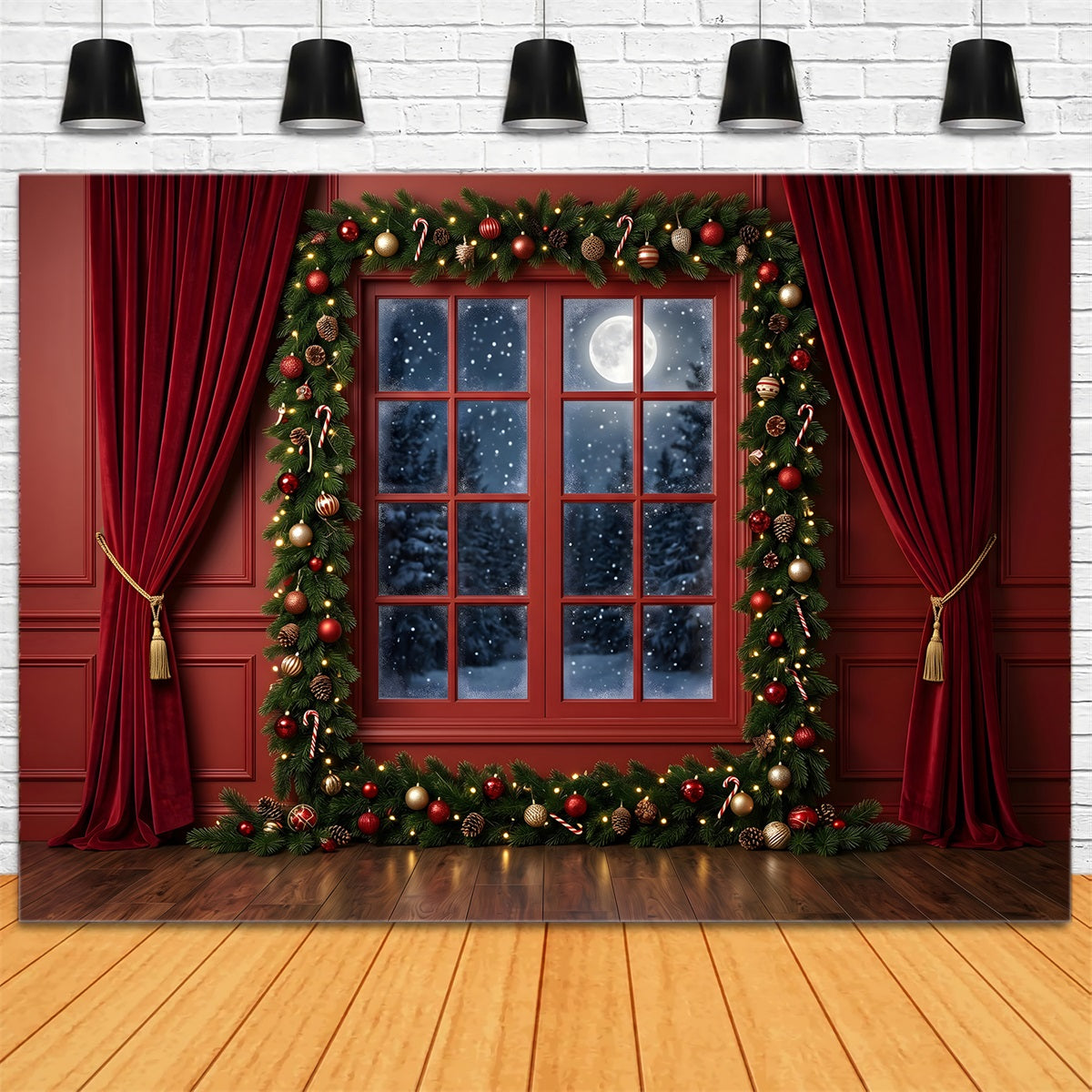 Christmas Backdrops Sale Crimson Moonlit Window Garland Photography Christmas Backdrop UK CEM65-77
