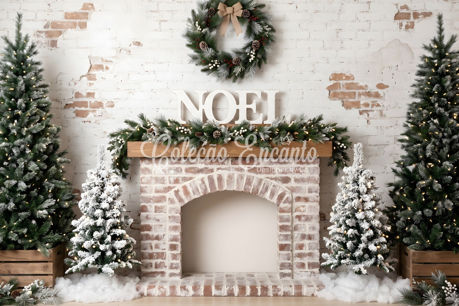 Christmas Backdrops 10x10 Frosted Brick Fireplace Noel Wreath Christmas Studio Backdrop UK CEM65-81