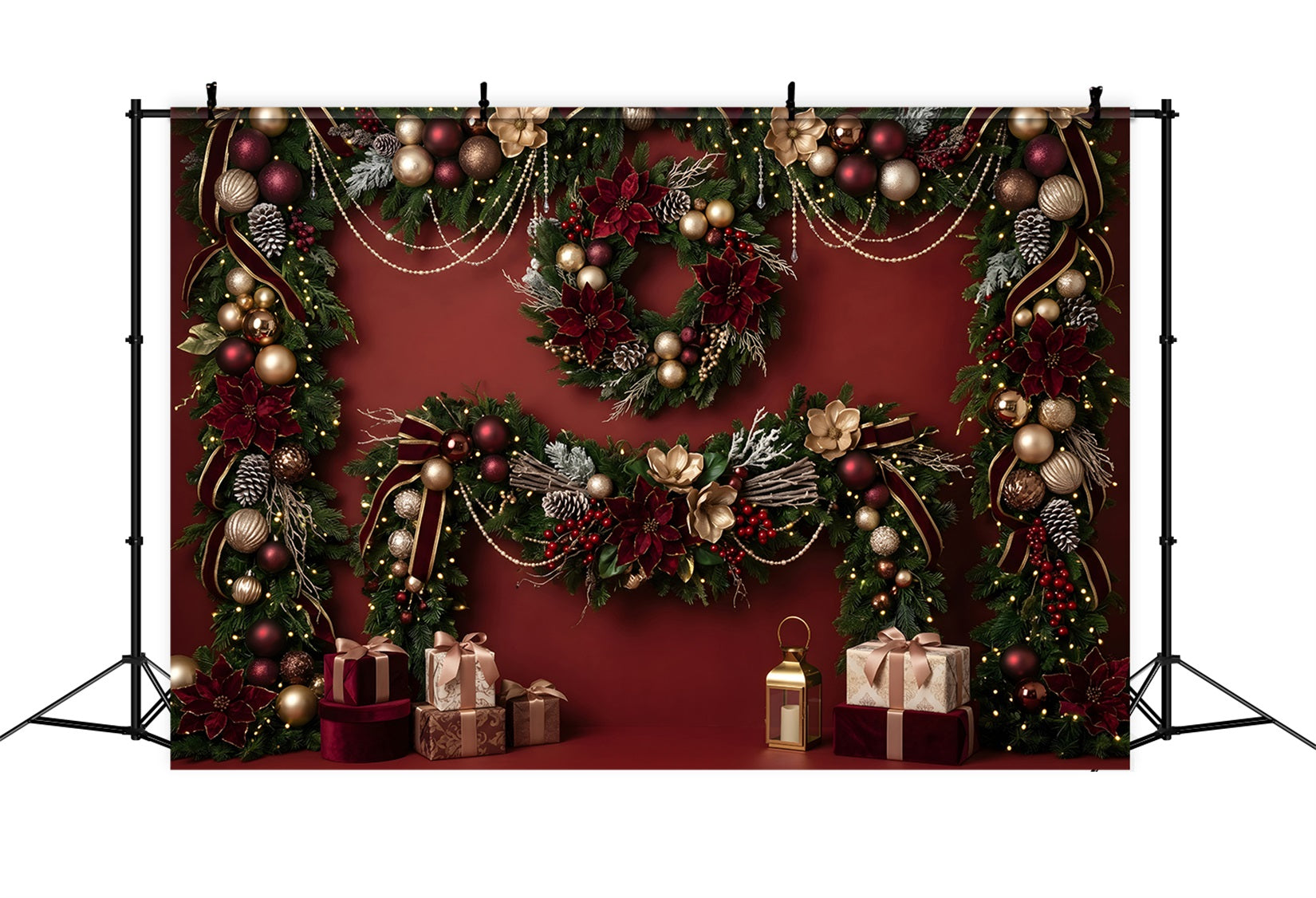 Red Christmas Backdrop Burgundy Poinsettia Garland Gift Christmas Backdrop Photoshoot UK CEM65-82