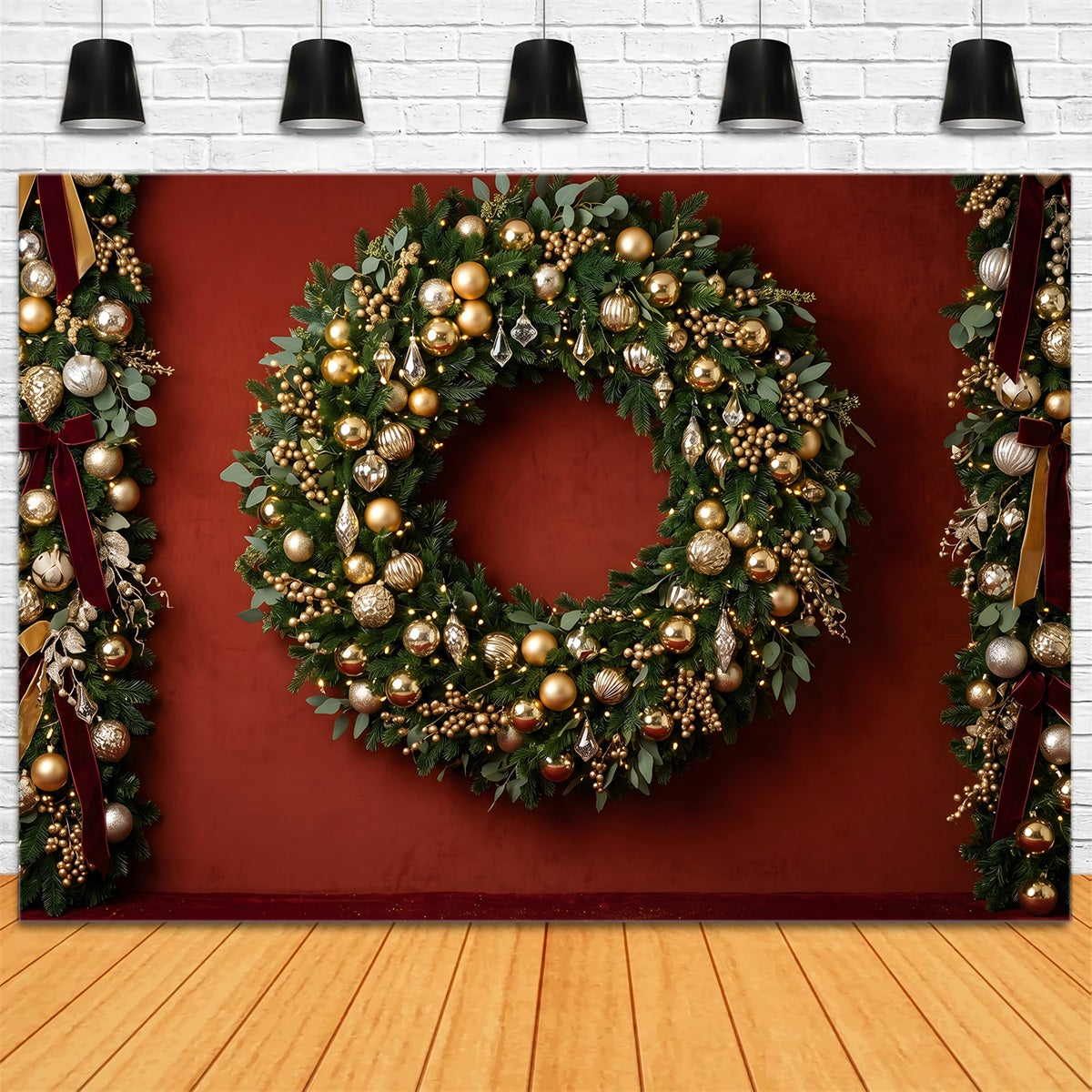 Christmas Photography Backdrop Golden Ornament Wreath Garland Christmas Photo Backdrops UK CEM65-83