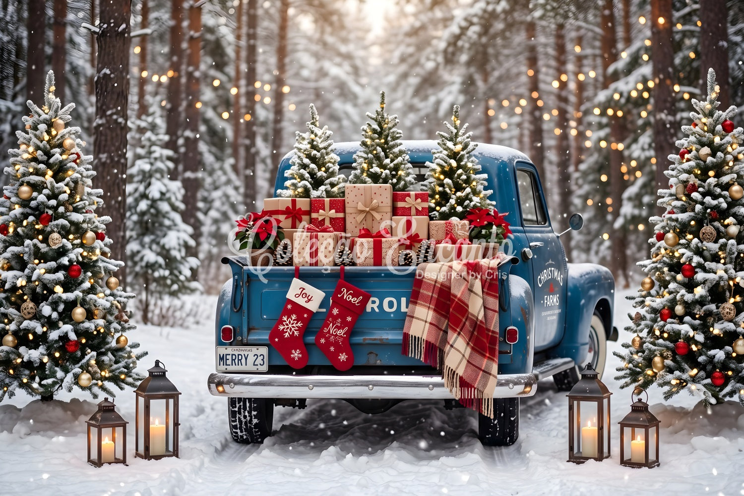 Professional Christmas Backdrops Vintage Blue Truck Snowy Forest Backdrop Christmas UK CEM65-84