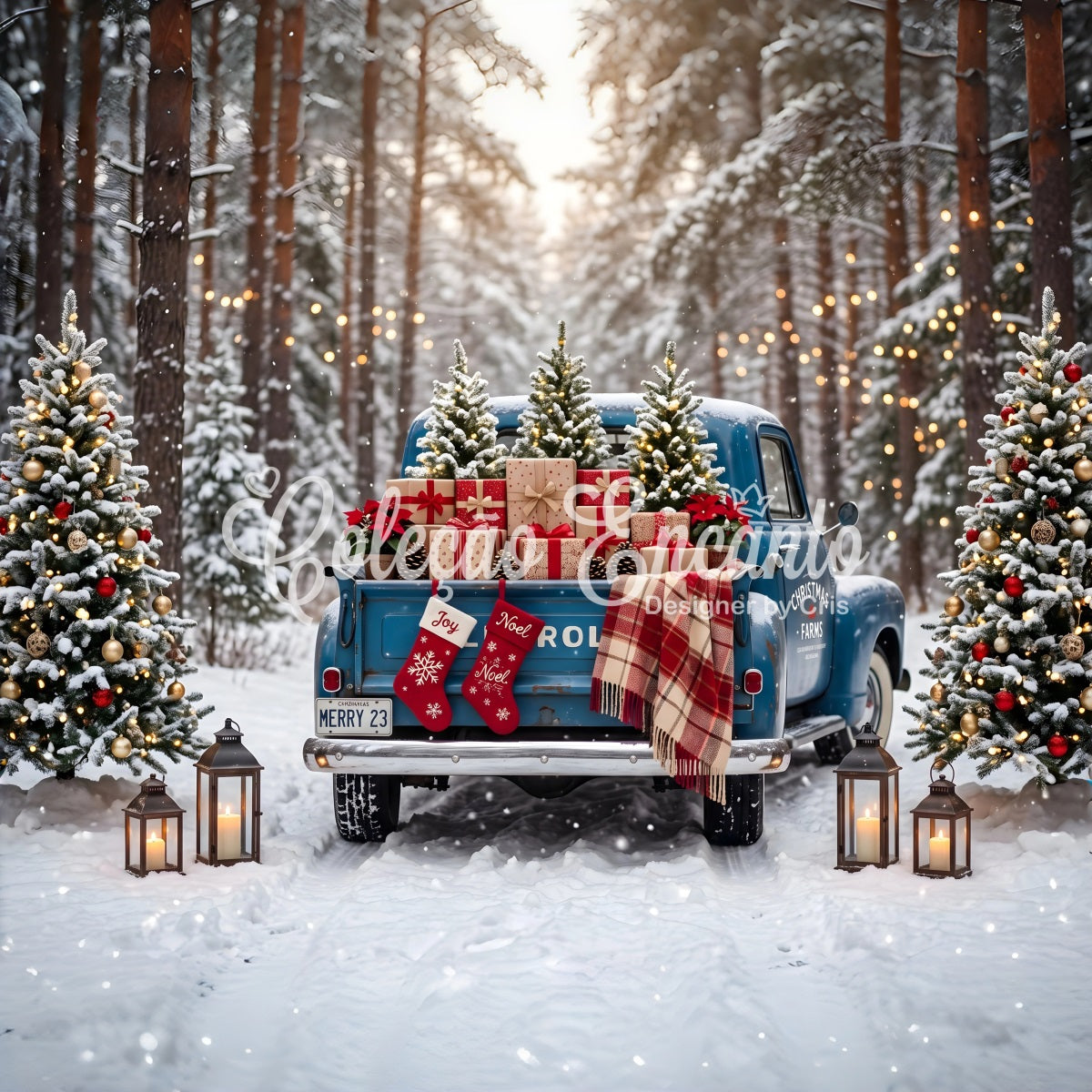 Professional Christmas Backdrops Vintage Blue Truck Snowy Forest Backdrop Christmas UK CEM65-84
