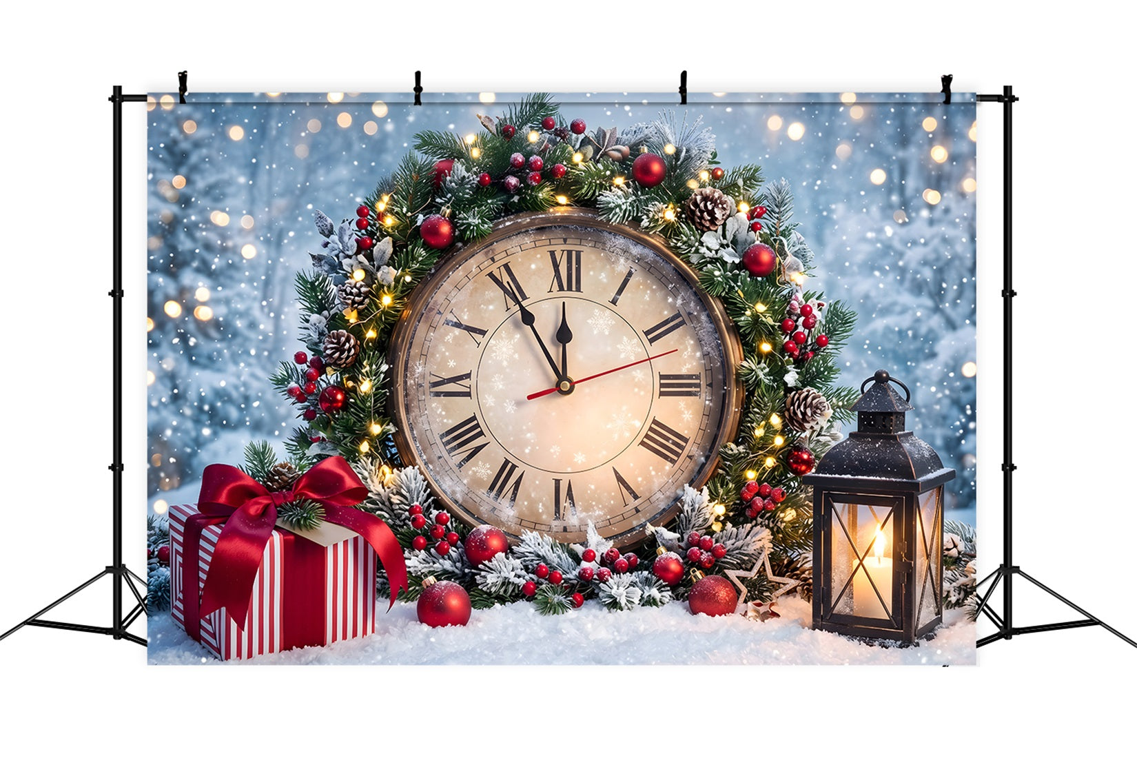 Christmas Backdrop Snowy Midnight Clock Wreath Lantern Christmas Backdrop UK CEM65-86