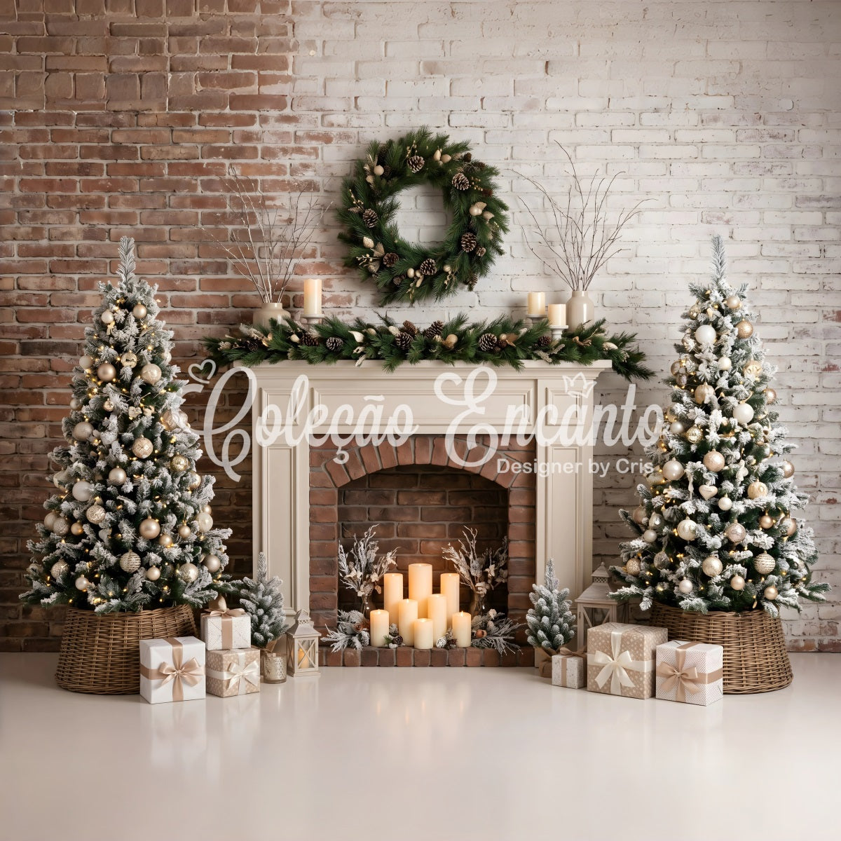 Christmas Backdrop Photography Frosted Fireplace Candle Trees Christmas Photo Backdrop UK CEM65-88