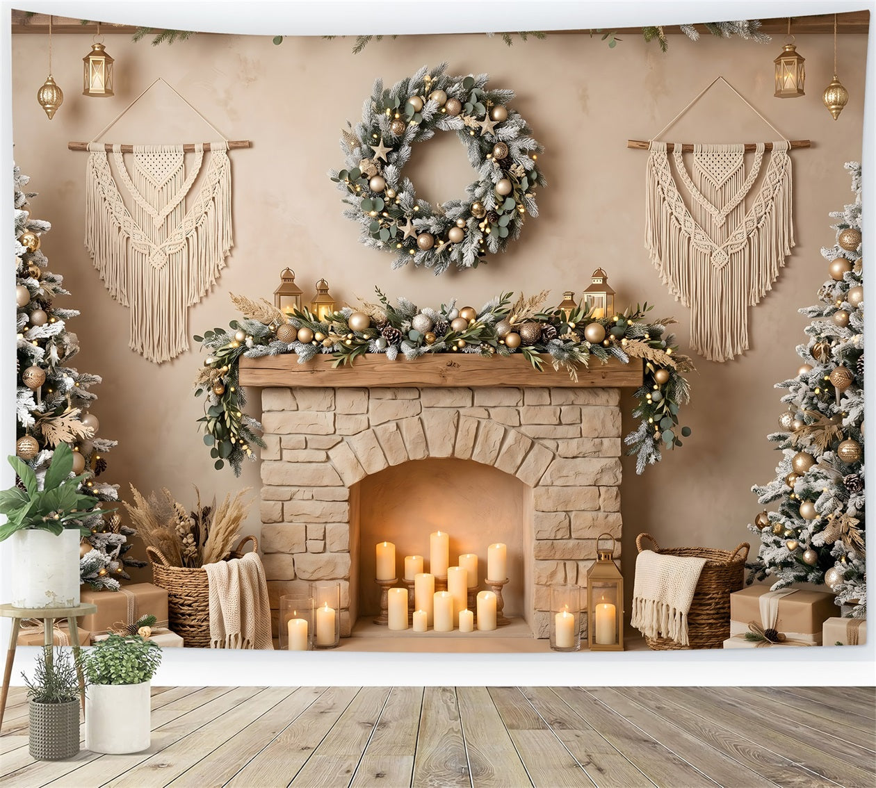 Christmas Picture Backdrop Boho Macrame Fireplace Candle Trees Christmas Backdrop UK CEM65-89