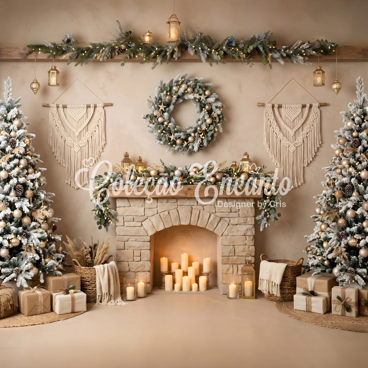 Christmas Picture Backdrop Boho Macrame Fireplace Candle Trees Christmas Backdrop UK CEM65-89