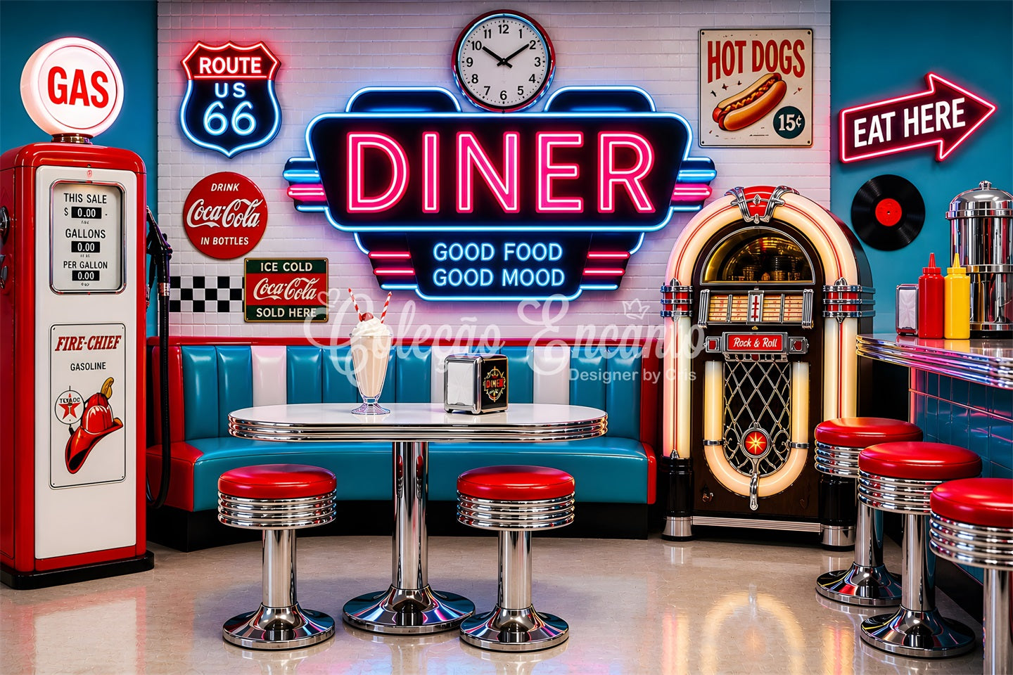 Newborn Photo Backdrop Retro Neon Diner Jukebox Booth Kids Photography Backdrop UK CEM65-9