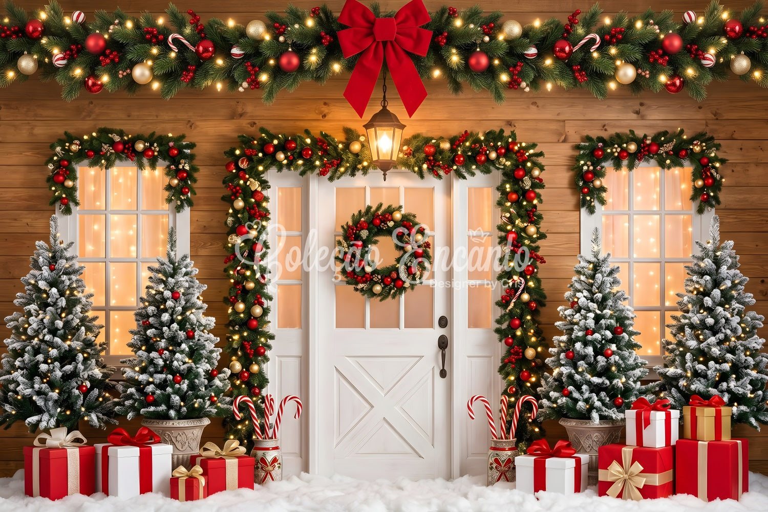Christmas Photo Backdrop Ideas Red Bow Door Garland Gifts Christmas Backdrop Ideas UK CEM65-90