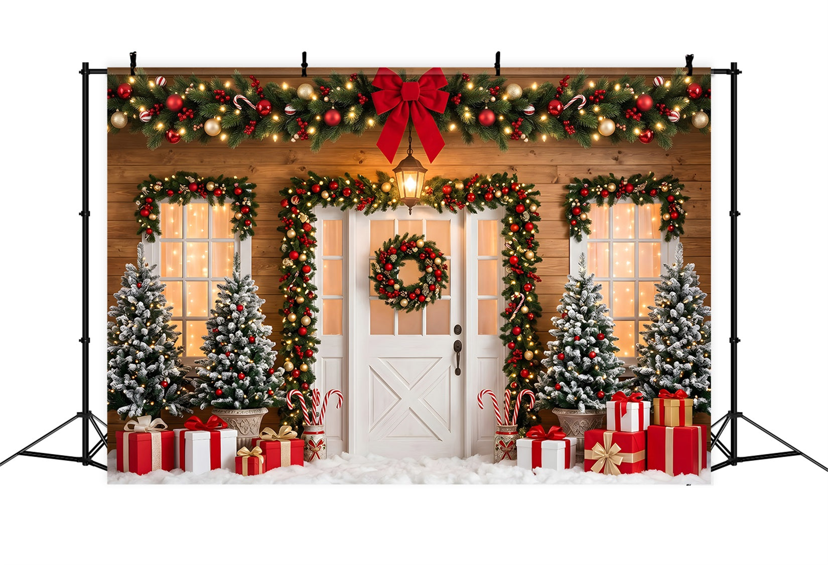 Christmas Photo Backdrop Ideas Red Bow Door Garland Gifts Christmas Backdrop Ideas UK CEM65-90
