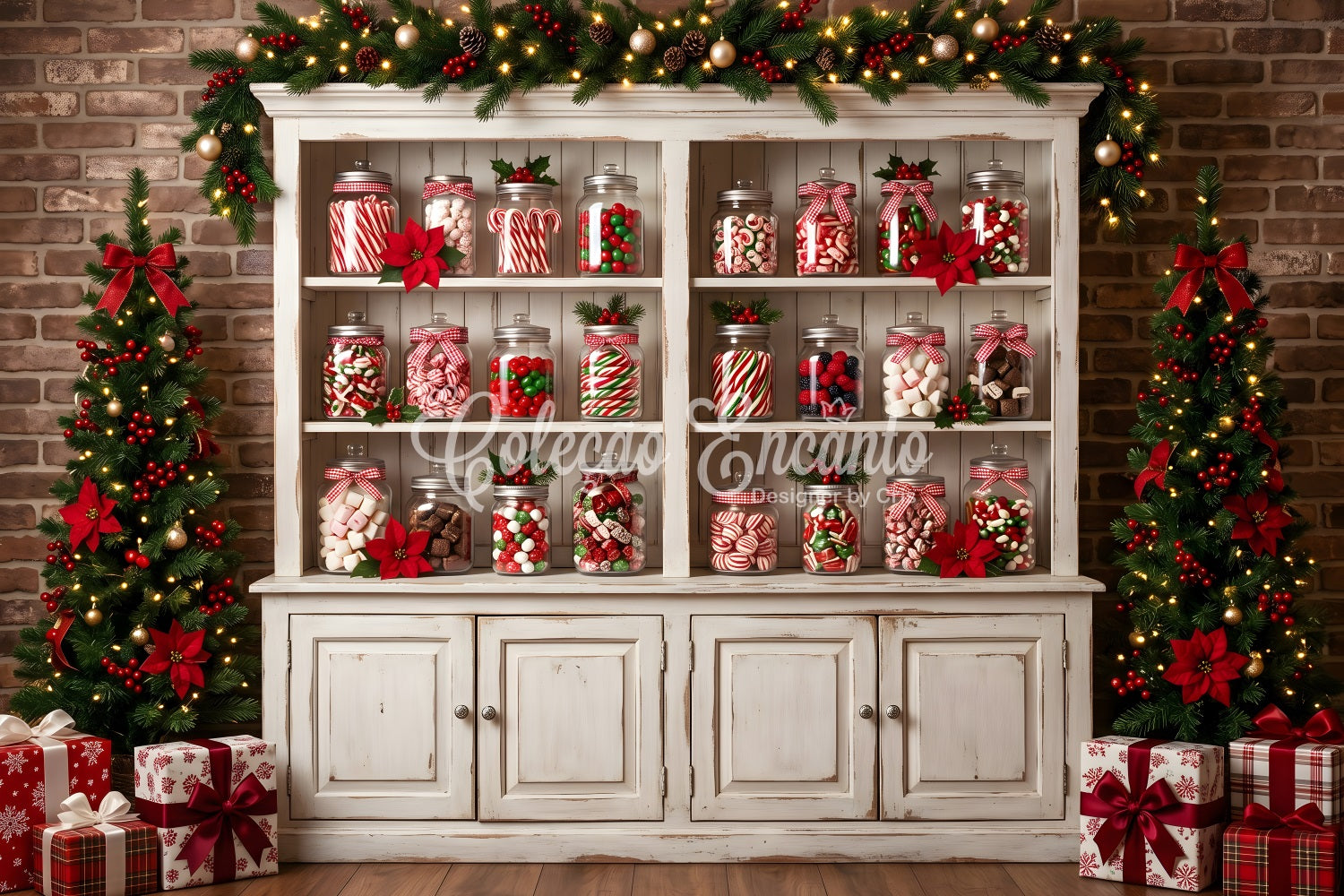 Christmas Photo Booth Backdrop Candy Jar Cabinet Poinsettia Trees Christmas Backdrops UK CEM65-91