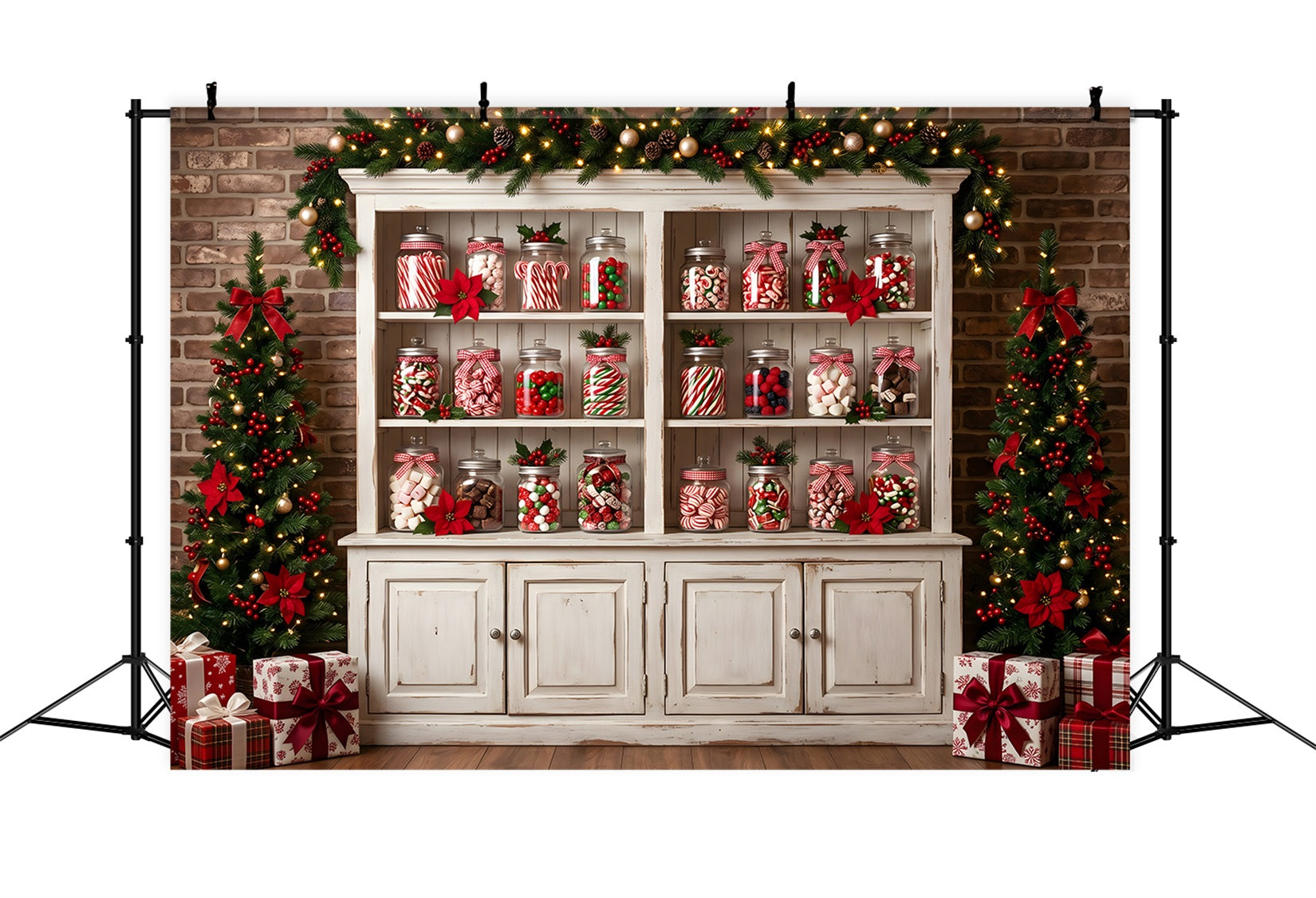 Christmas Photo Booth Backdrop Candy Jar Cabinet Poinsettia Trees Christmas Backdrops UK CEM65-91