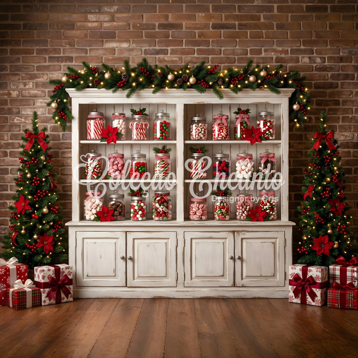 Christmas Photo Booth Backdrop Candy Jar Cabinet Poinsettia Trees Christmas Backdrops UK CEM65-91