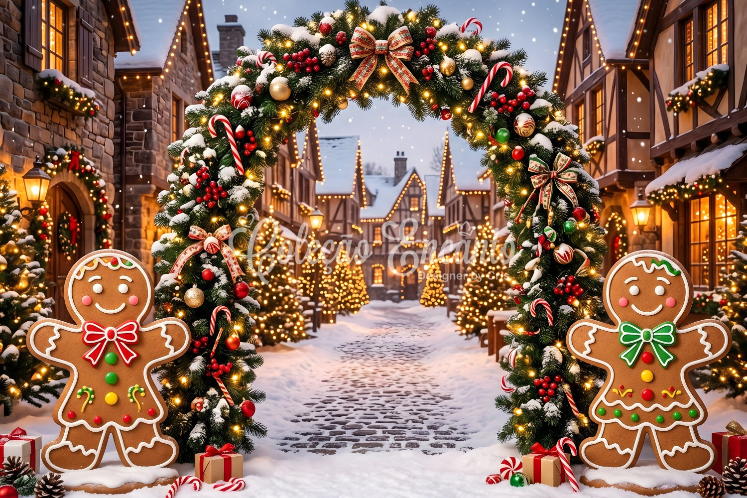 Elegant Christmas Backdrop Gingerbread Snow Village Light Arch Xmas Backdrops UK CEM65-92