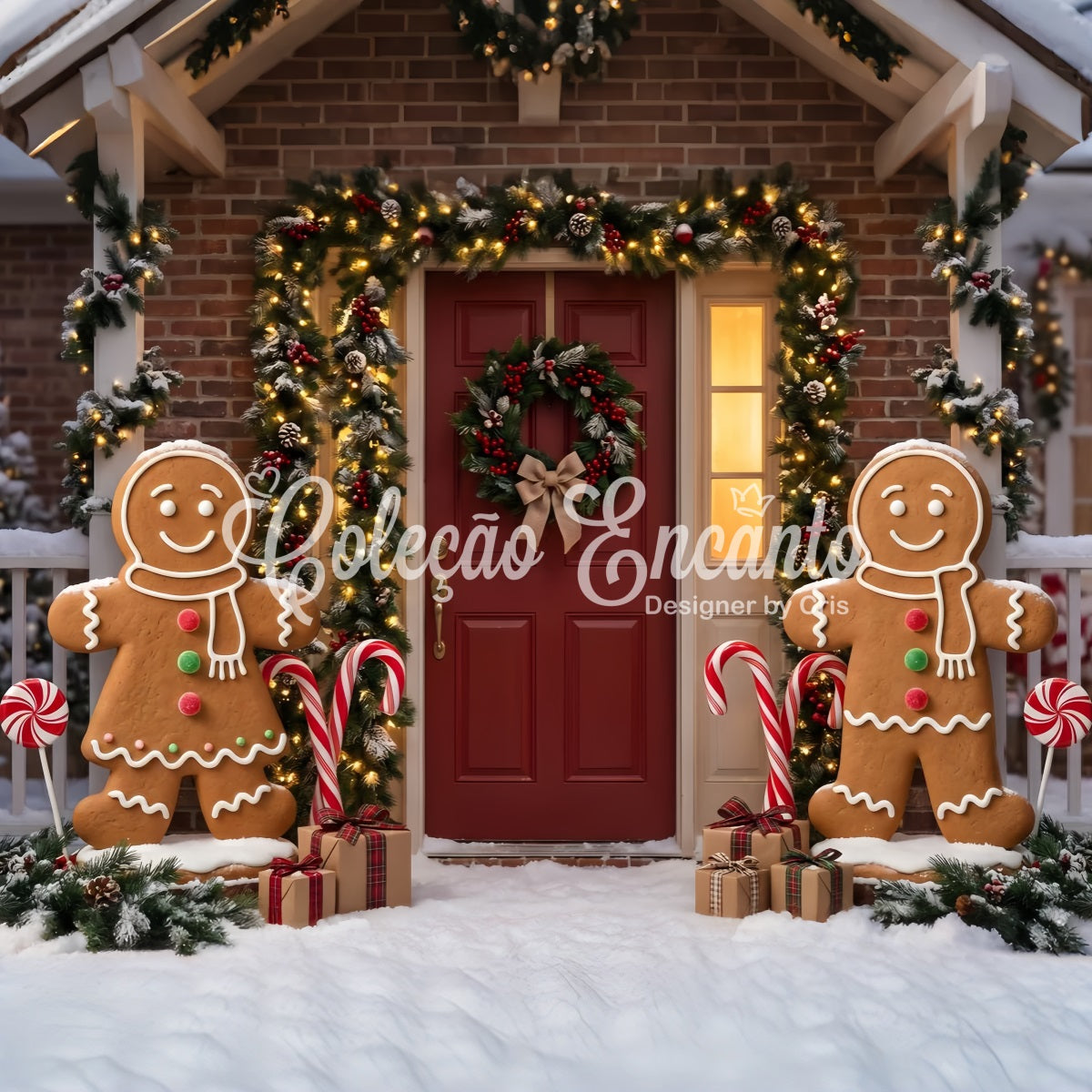 Backdrop Christmas Gingerbread Door Garland Candy Canes Christmas Photography Backdrop UK CEM65-94