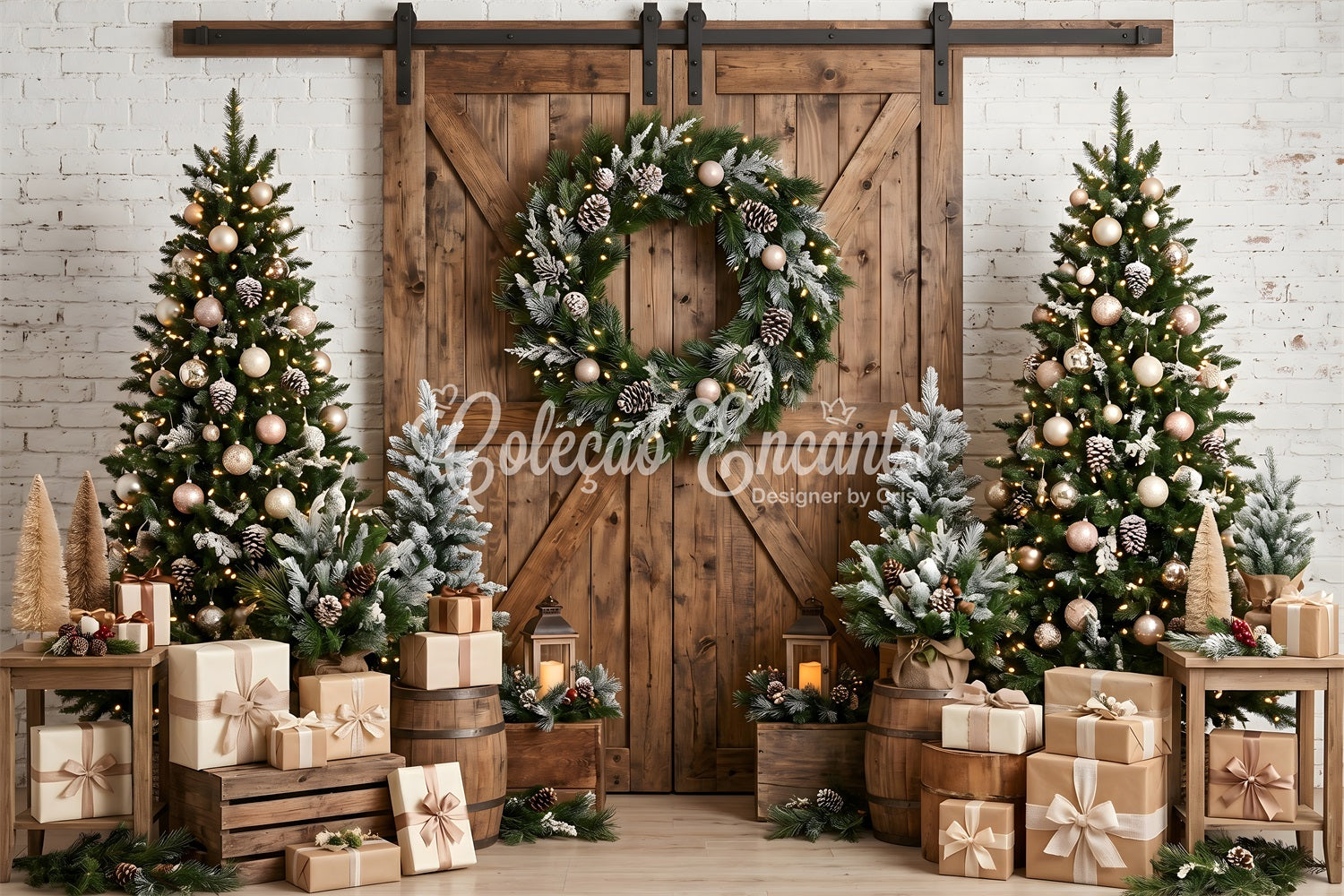Christmas Theme Backdrop Rustic Barn Door Wreath Trees Christmas Backdrop Photography UK CEM65-97