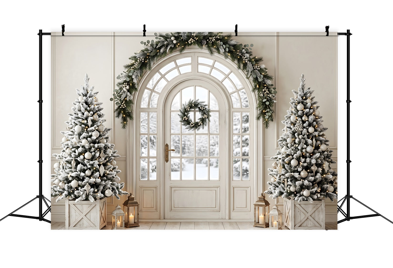 Christmas Living Room Backdrop Frosted Door Evergreen Lanterns Christmas Photo Backdrop UK CEM65-99
