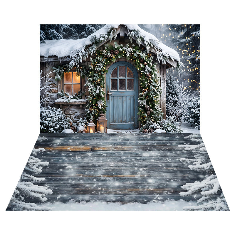 Snowy Cottage Blue Door Backdrop+Snowy Weathered Wood Floor Backdrop UK CEMCBS65-15