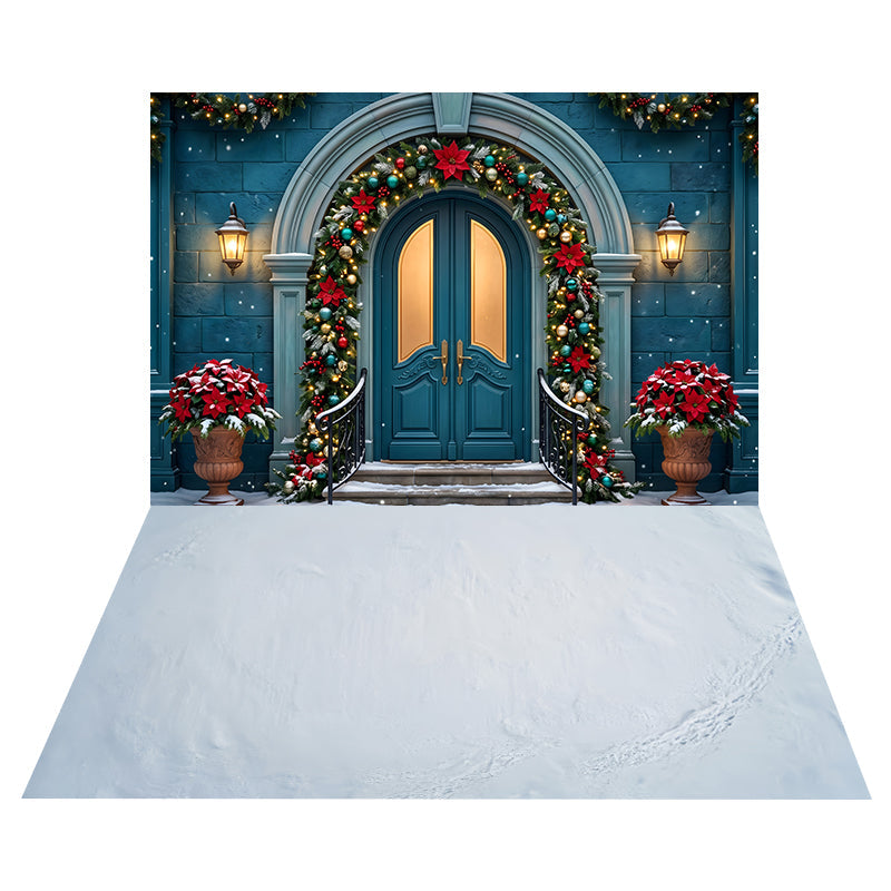 Blue Poinsettia Doorway Backdrop+Smooth Snowy Ice Floor Backdrop UK CEMCBS65-16