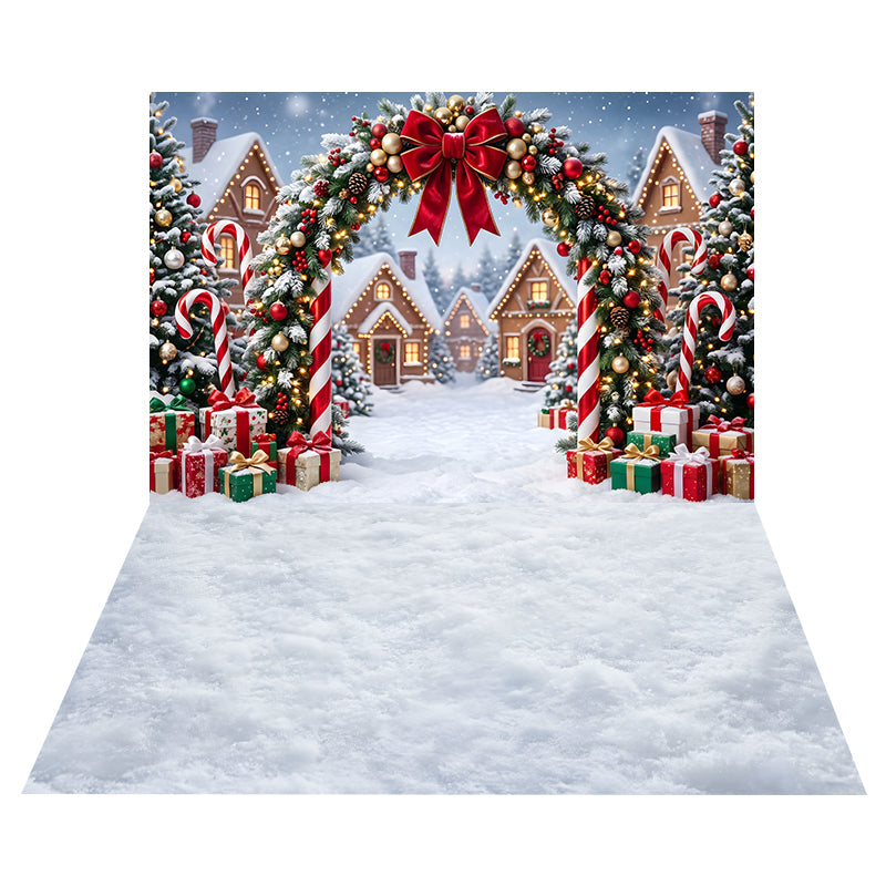 Candy Cane Village Arch Backdrop+Soft Snow Texture Floor Backdrop UK CEMCBS65-19