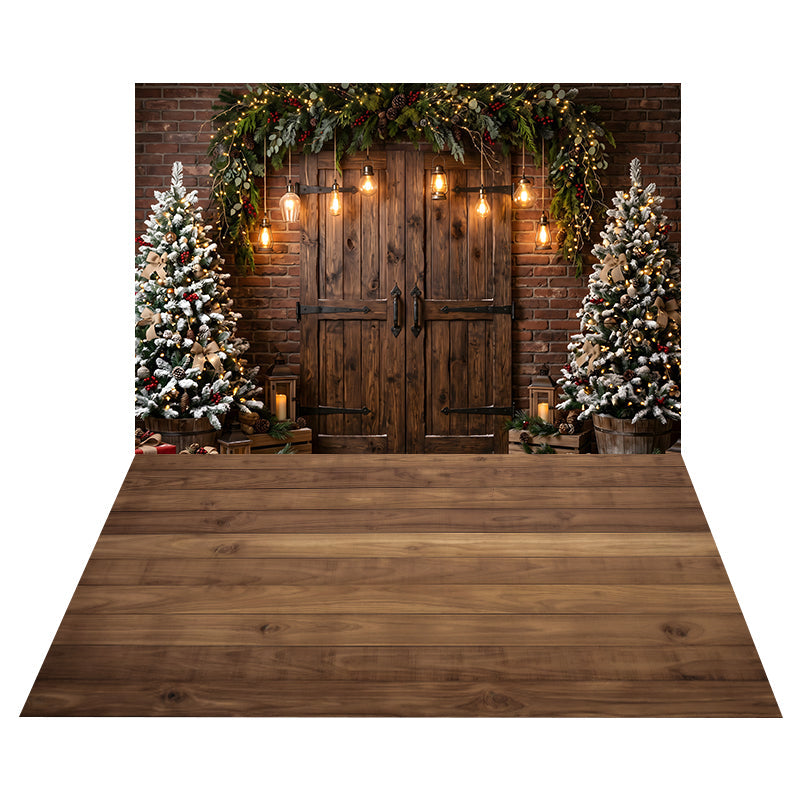 Rustic Garland Barn Doors Backdrop+Powdery White Snow Floor Backdrop UK CEMCBS65-22