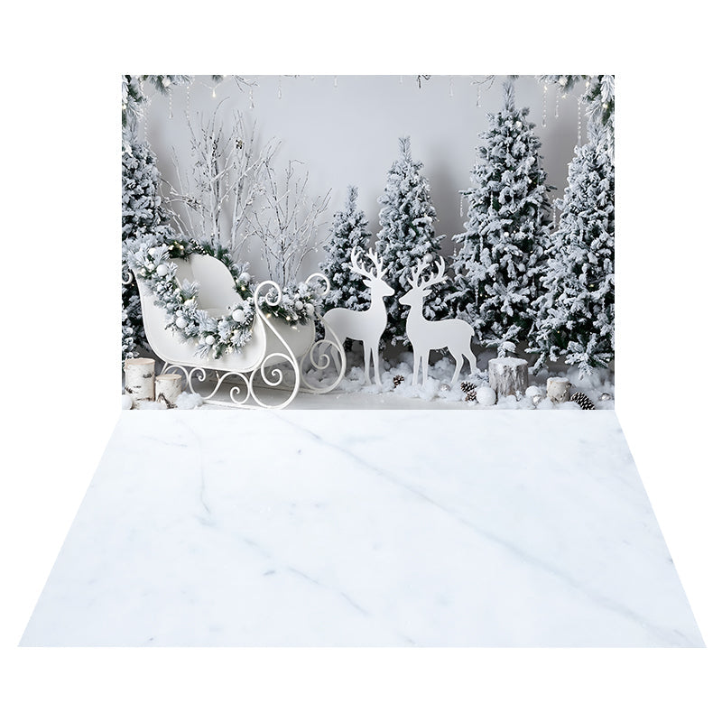 White Reindeer Sleigh Forest Backdrop+White Marble Texture Floor Backdrop UK CEMCBS65-25