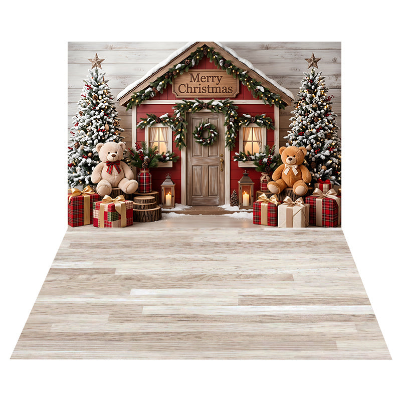 Teddy Bear Holiday Cottage Backdrop+Whitewashed Oak Wood Floor Backdrop UK CEMCBS65-38