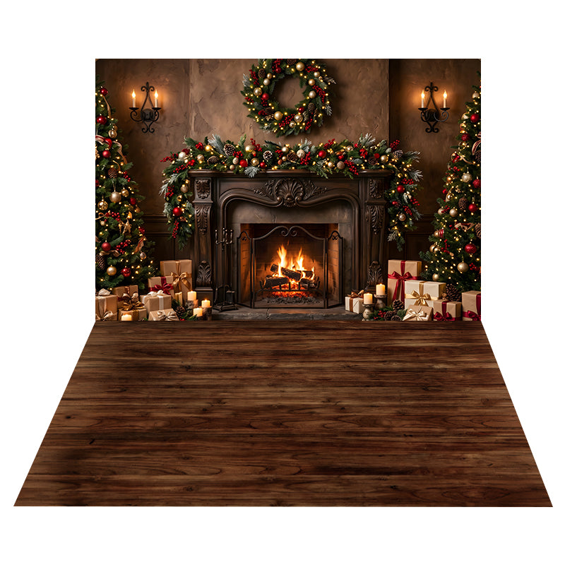 Elegant Garland Fireplace Backdrop+Dark Walnut Wood Floor Backdrop UK CEMCBS65-40