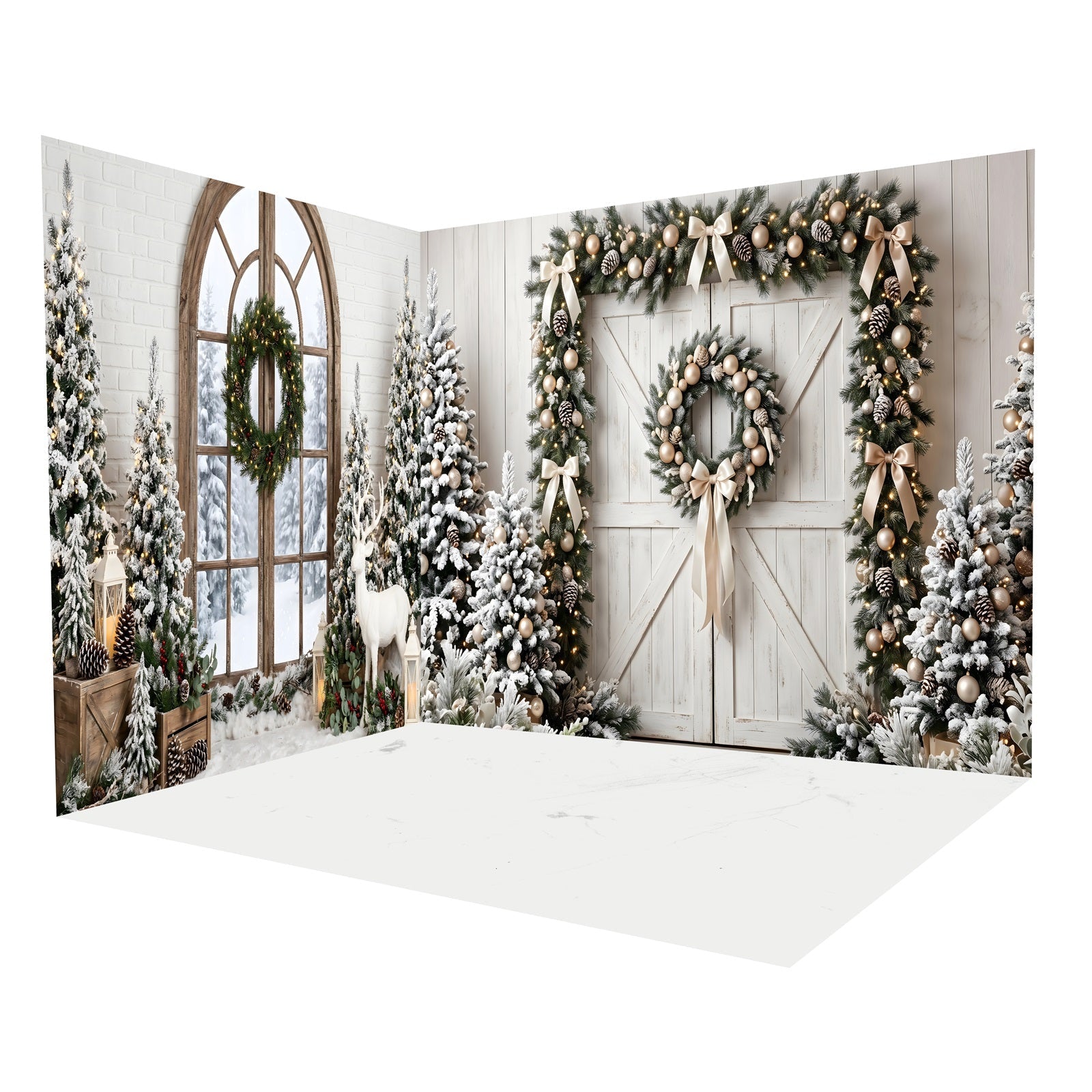 Christmas Backdrop Snowy White Barn Entrance Backdrop Room Set UK CEMRMS65-1