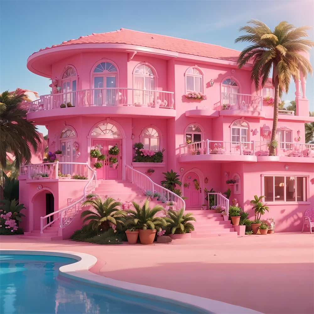 Pink Girl Backdrop House Backdrop Tropical Paradise Pink Villa Backdrop UK CJJ2-84