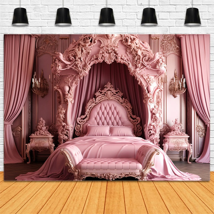 Pink Girl Dream House Backdrop Baroque Pink Bed Backdrop UK CJJ2-85