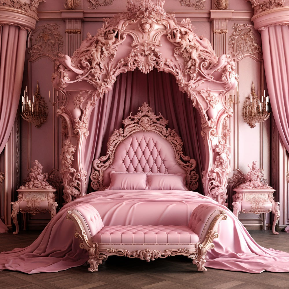 Pink Girl Dream House Backdrop Baroque Pink Bed Backdrop UK CJJ2-85