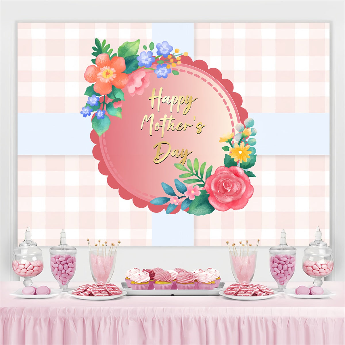 Happy Mother's Day Backdrop Pastel Plaid Floral Custom Backdrop UK CSH3-112