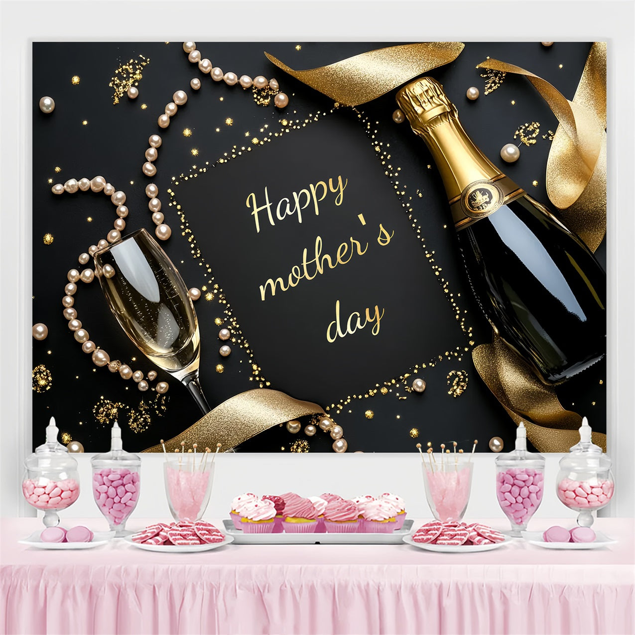 Backdrops For Mother's Day Gold Champagne Pearls Personalised Backdrop UK CSH3-174