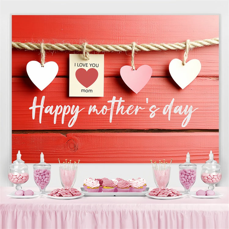 Mother's Day Photo Backdrops Red Wooden Hanging Hearts Custom Backdrop UK CSH3-176