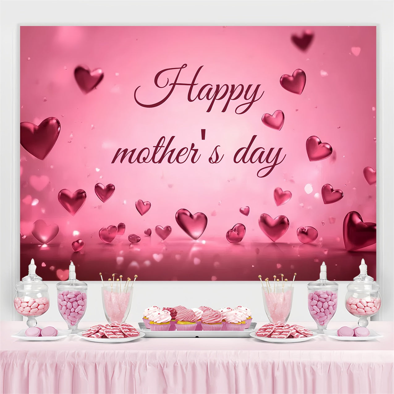 Mothers Day Photo Backdrops Pink Floating Hearts Customized Backdrop UK CSH3-185