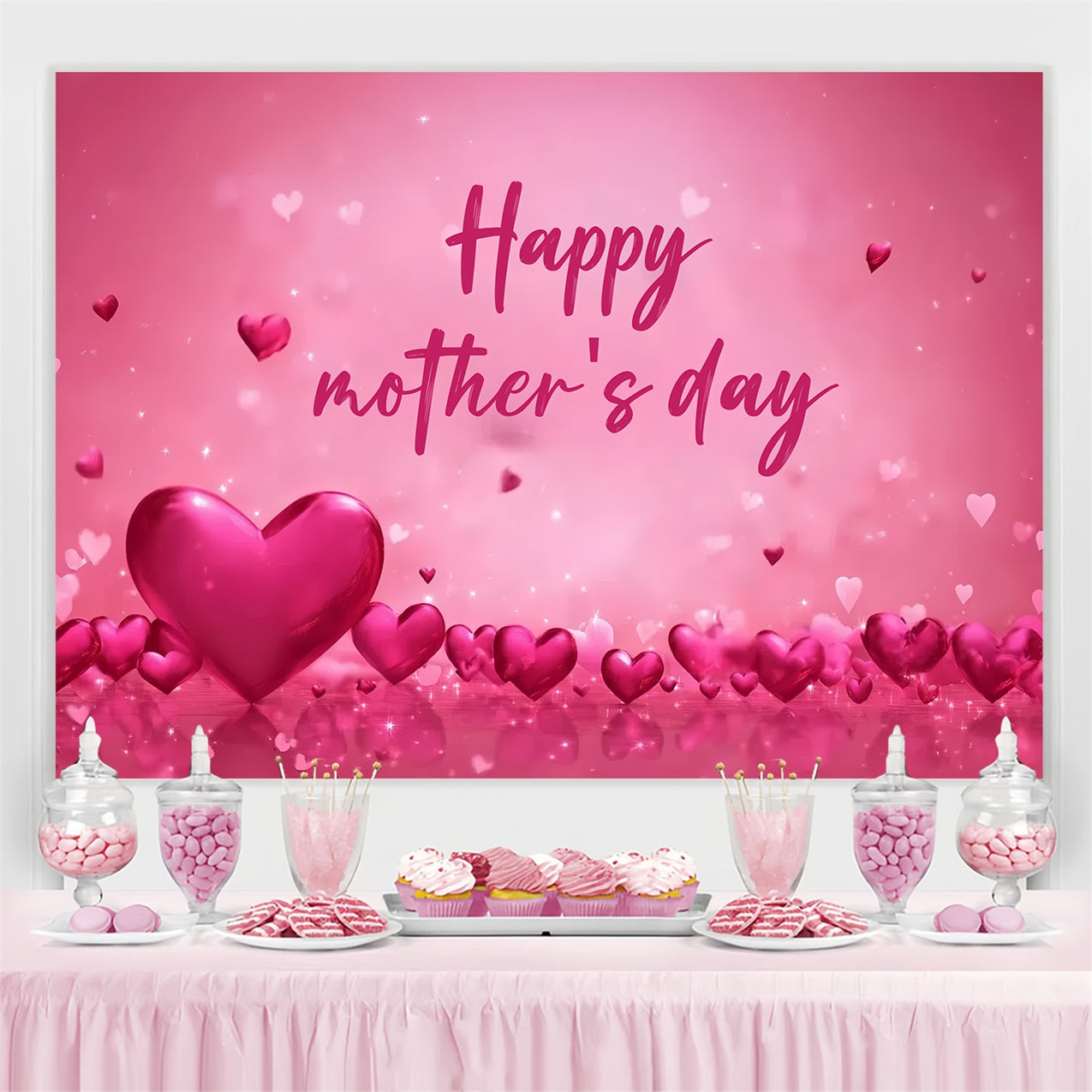 Backdrops For Mothers Day Pink Romantic Hearts Personalised Backdrop UK CSH3-186