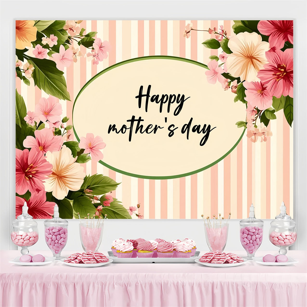 Happy Mothers Day Backdrop Floral Striped Personalized Backdrop UK CSH3-187