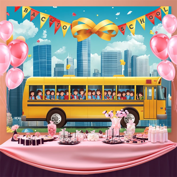 Backdrop For Back To School Yellow School Bus Cityscape Backdrop UK CSH3-55