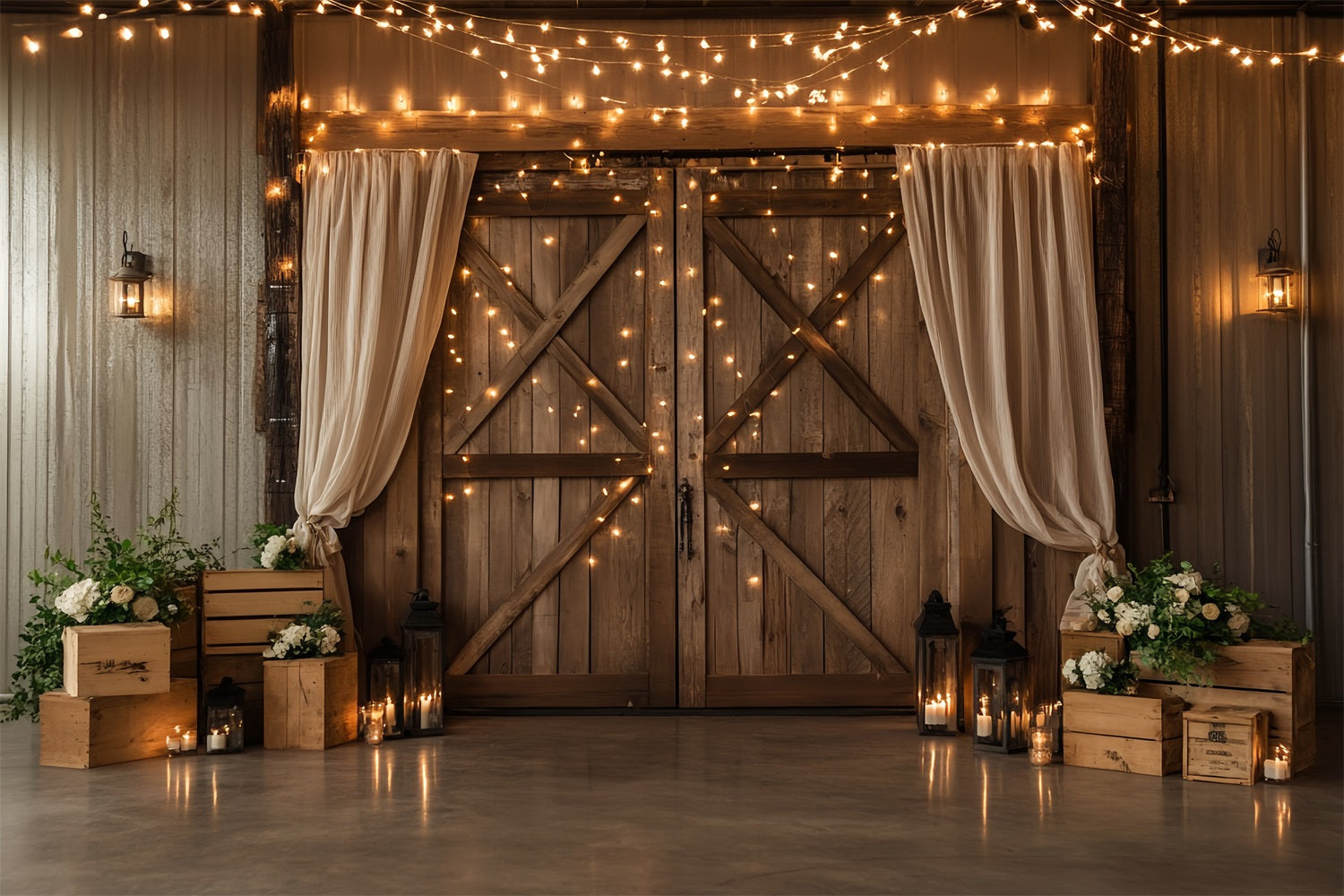 Barn Door Backdrop Twinkle Light Wood Flower Backdrop UK CSH4-206