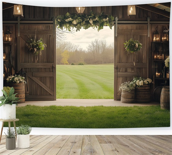 Barn Wood Backdrop Wooden Flower Green Field Backdrop UK CSH4-218