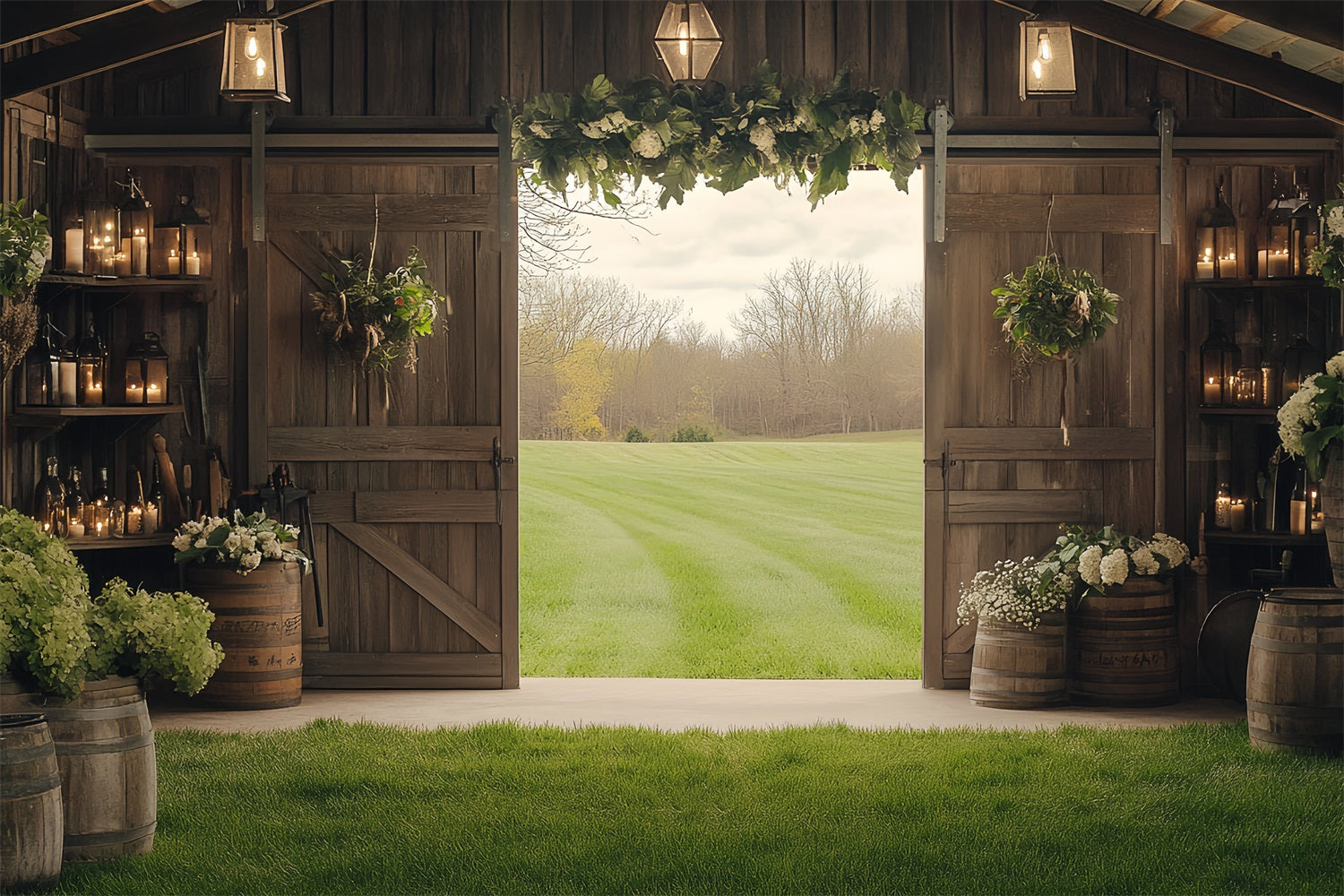 Barn Wood Backdrop Wooden Flower Green Field Backdrop UK CSH4-218
