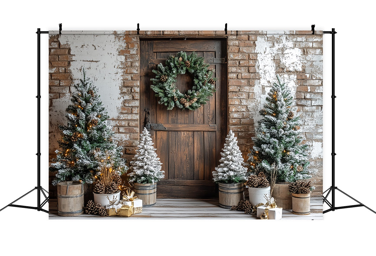 Barn Backdrops Christmas Brick Pine Wreath Backdrop UK CSH4-221