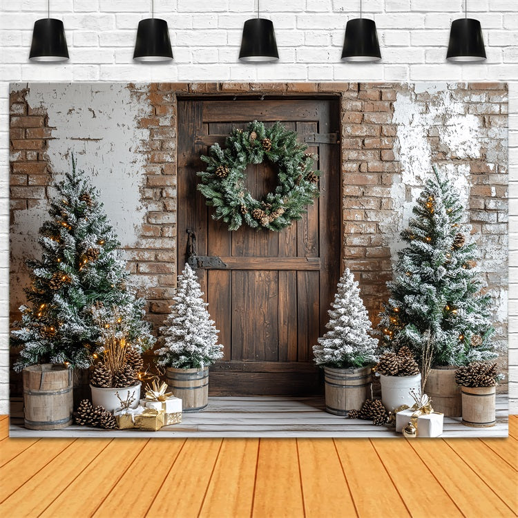 Barn Backdrops Christmas Brick Pine Wreath Backdrop UK CSH4-221