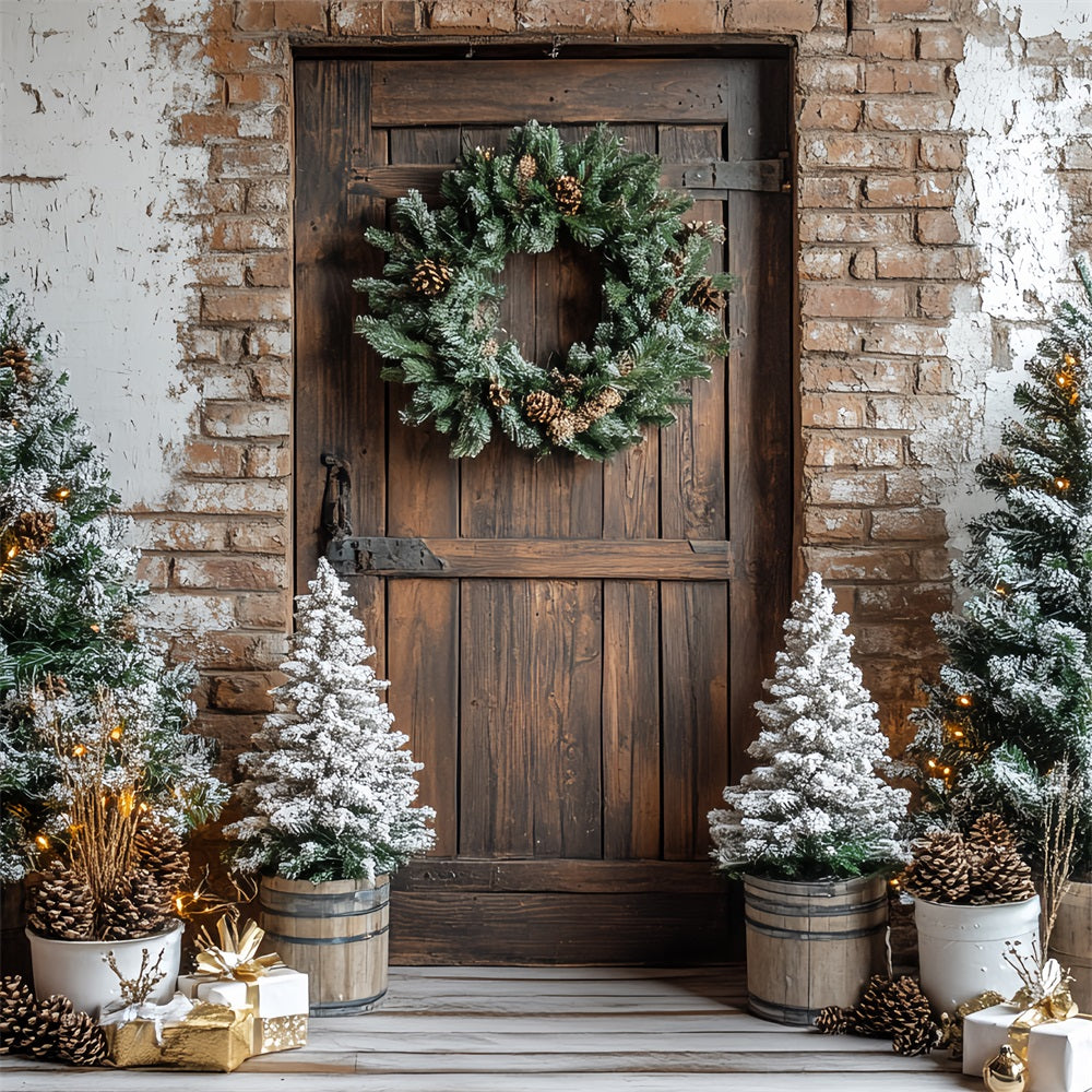 Barn Backdrops Christmas Brick Pine Wreath Backdrop UK CSH4-221