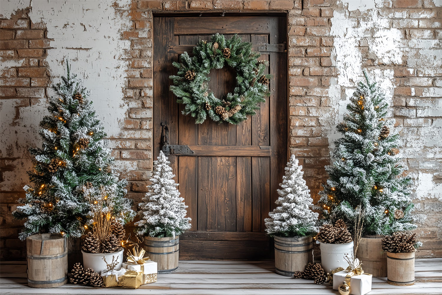 Barn Backdrops Christmas Brick Pine Wreath Backdrop UK CSH4-221