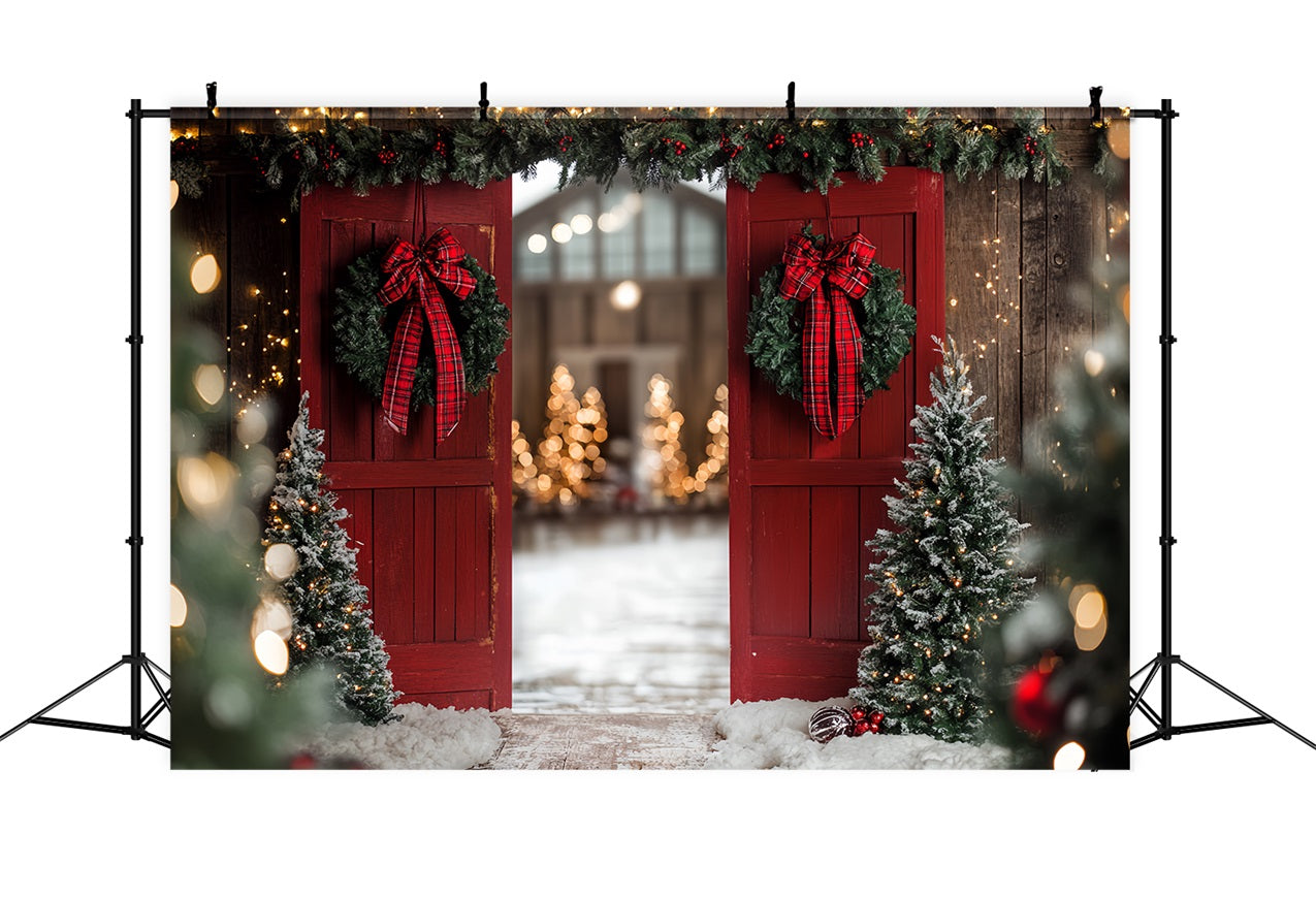 Red Barn Backdrop Christmas Entrance Bow Wreath Backdrop UK CSH4-223