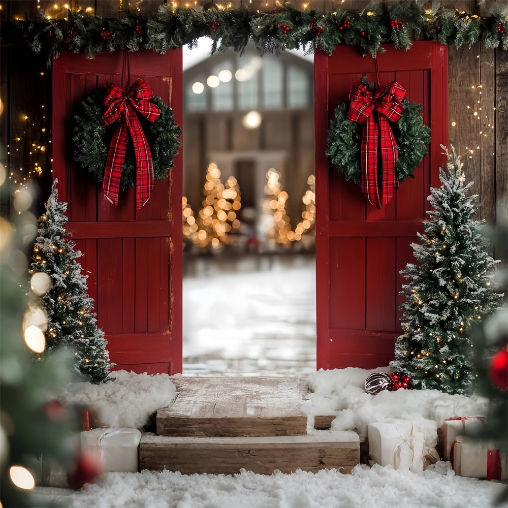 Red Barn Backdrop Christmas Entrance Bow Wreath Backdrop UK CSH4-223