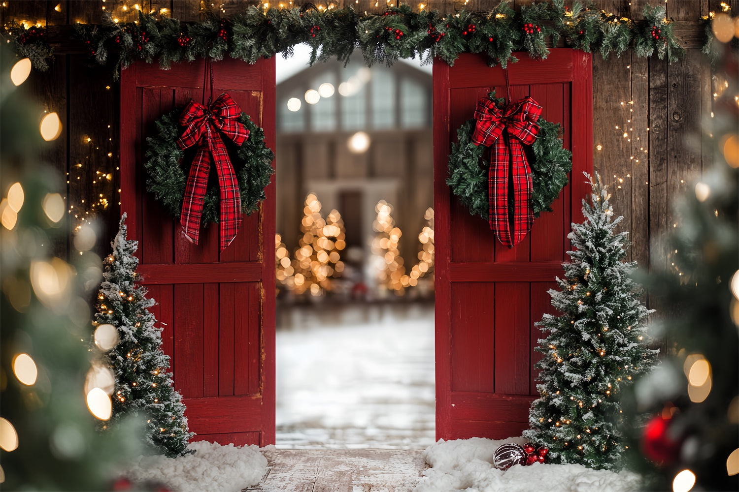 Red Barn Backdrop Christmas Entrance Bow Wreath Backdrop UK CSH4-223