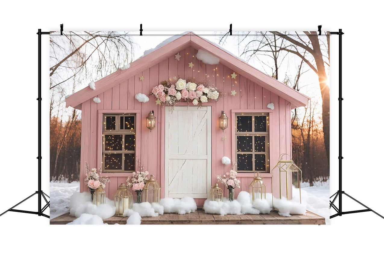 Pink Barn Backdrop House Snow Flowers Backdrop UK CSH4-226