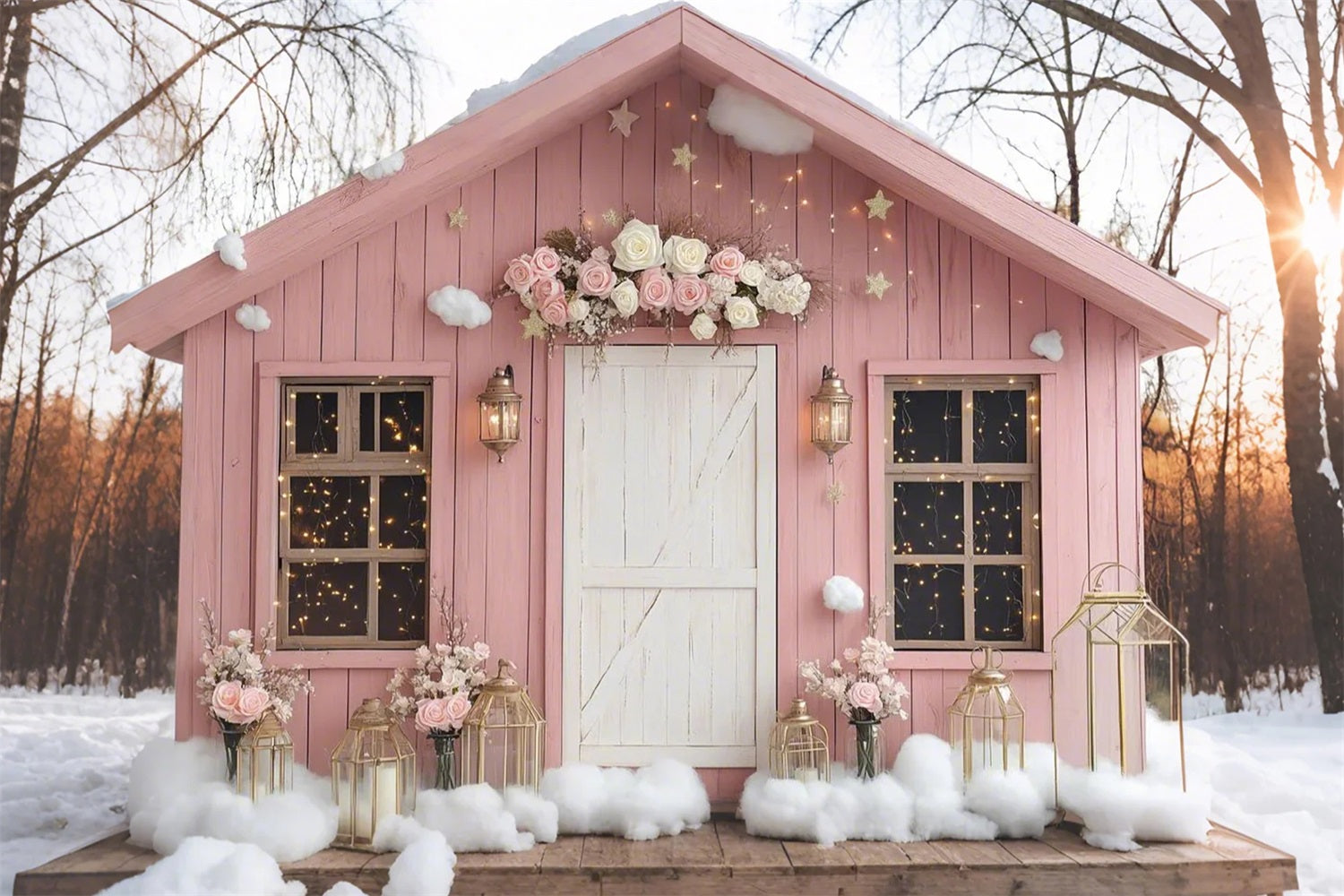 Pink Barn Backdrop House Snow Flowers Backdrop UK CSH4-226